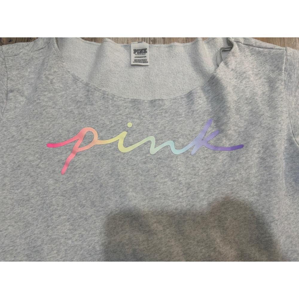Pink Victoria's Secret Gray Rainbow Script Logo Cropped Sweatshirt XL